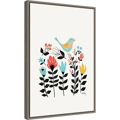 27" x 19" Multicolor Framed Canvas Print with Bluebird and Flowers