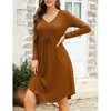 Women's High Waist Drawstring Dress Casual V-Neck Pleated Button Down Long Sleeves Knee Length Midi Dresses - 4 of 4