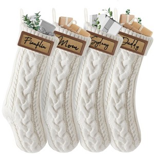 Aoibox 4 Pack Personalized White Knit Christmas Stockings with Leather Patches Custom Name 18 x 4.7 Inch Large Holiday Decor - 1 of 4