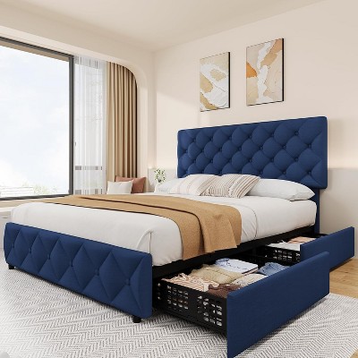 Bed Frame with 4 Storage Drawers and Headboard, Linen Upholstered Platform Bed Frame with Wooden Slats Support