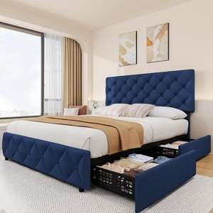 Bed Frame with 4 Storage Drawers and Headboard, Linen Upholstered Platform Bed Frame with Wooden Slats Support - 1 of 4