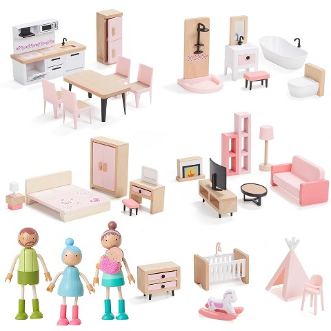 Etokfoks 32pcs Wooden Dollhouse Furniture Set with 4 Dolls for 5 Rooms Living Room Bedroom Kitchen Bathroom Kids Room Pretend Play Toy