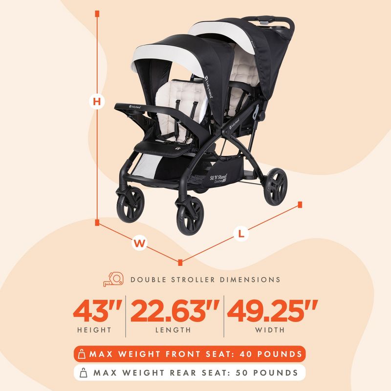 Baby Trend Sit N' Stand Double Stroller 2.0 DLX with 5 Point Safety Harness, Canopy, Extra Basket, 2 Cup Holders & Covered Compartment, Modern Khaki, 2 of 7