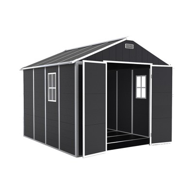 Vynxaria 8x8FT Resin Storage Shed, High-Quality PP Material with 12mm Thick Board,Waterproof/UV/Rust-Proof + HD Window, Dark Gray
