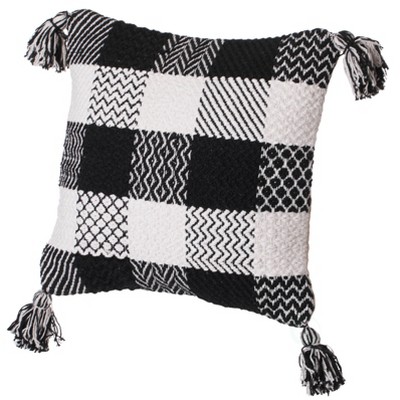 DEERLUX 16" Handwoven Cotton Throw Pillow Cover with Patterned Gingham Design and Tasseled Corners with Filler, Black & White