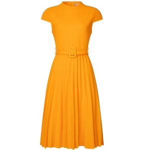 INSPIRE CHIC Women's Mock Neck Cap Sleeve Belted A-Line Midi Pleated Dresses - 1 of 4