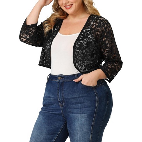 Agnes Orinda Shrug Top for Women's Plus Size Tie Front Floral Lace Office Sheer Crop Cardigan 