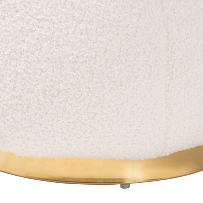 Ivory Boucle Upholstered Round Ottoman with Gold Metal Base