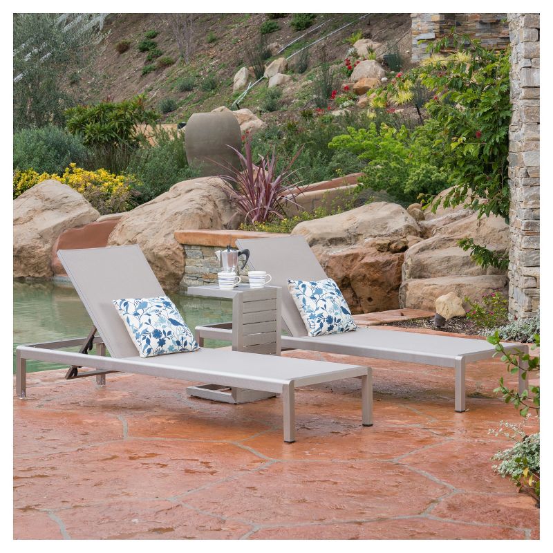 Cape Coral 3pc Mesh Patio Chaise Lounge Set with Aluminum Side Table - Gray - Christopher Knight Home, 1 of 8