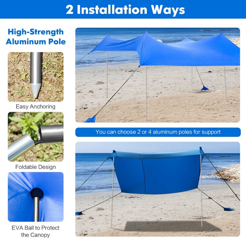 Costway Family Beach Tent Canopy w/4 Poles Sandbag Anchors 10'x9' UPF50+ Purple/Green/Blue, 5 of 10