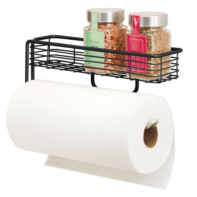 mDesign Wall Mount Metal Paper Towel Holder with Storage Shelf, 1 of 8