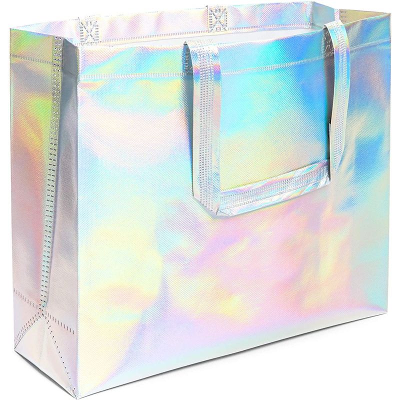 Juvale 24 Pack Holographic Reusable Gift Bag for Birthday, Sustainable Grocery Tote Bags with Handles, 14x12x5 In, 3 of 8
