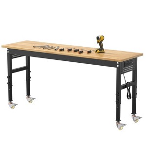 Huxxion 60" Adjustable Work Bench, Heavy Duty Rubber Wood Work Table with Power Outlet and 4 Wheels for Garage, Workshop, Office, Home - 1 of 4