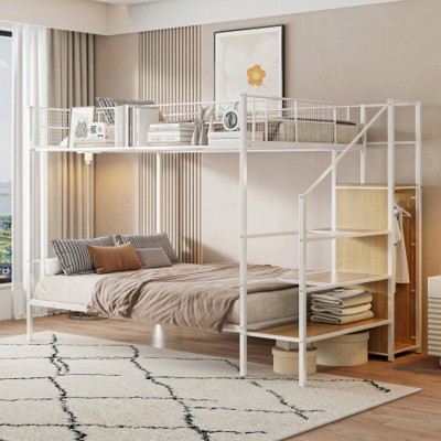 Twin Over Full Metal Bunk Bed with Wire Shelving and Lateral Storage Ladder and Wardrobe, Black