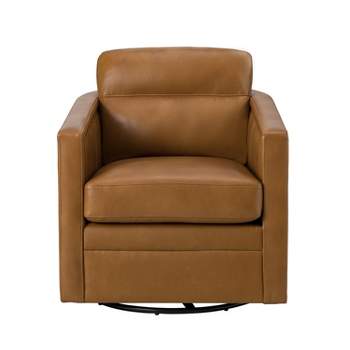 Eulalia 28.74''Wooden Upholstery Wide Genuine Leather Swivel Chair with Swivel Metal Base and  Squared Arms | ARTFUL LIVING DESIGN