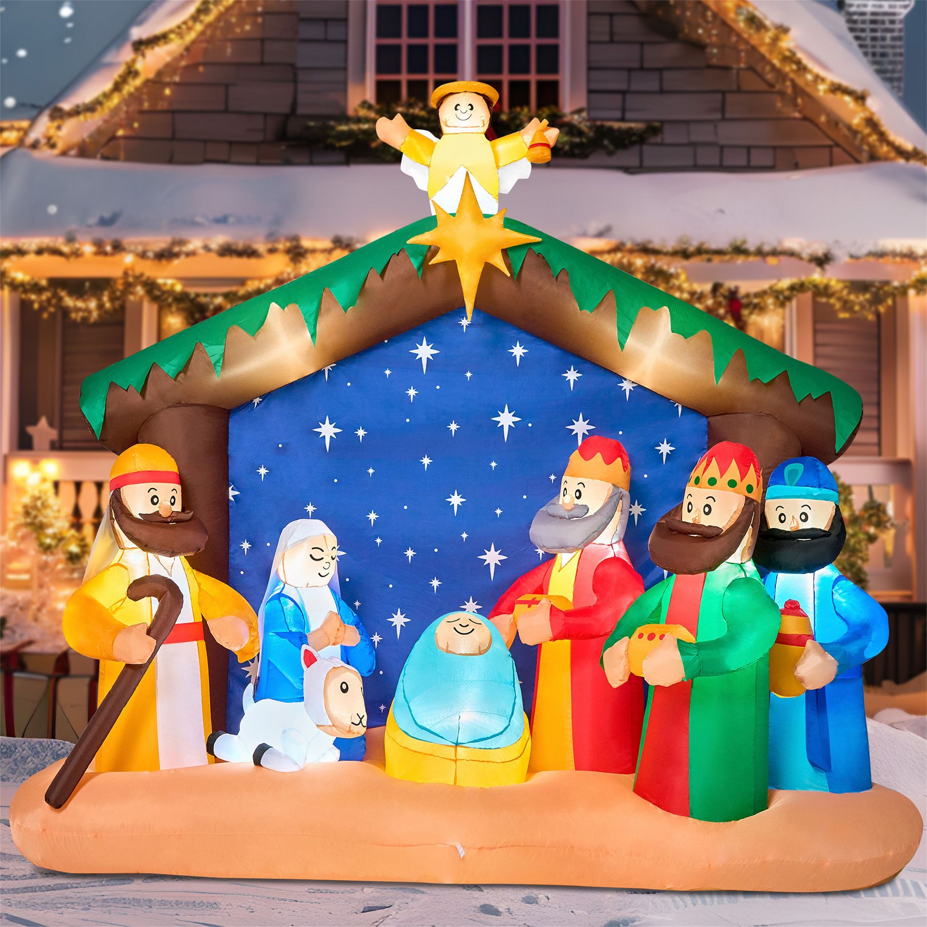 Joyfy 8 FT Long Christmas Inflatables Decoration, Christmas Nativity Scene Set with Built-in LEDs for Xmas Party Indoor Outdoor Yard Garden Lawn Decor