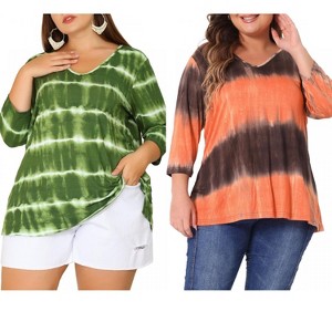 Women's Plus Size 2 Pieces Tie Dye Side Slit 3/4 Sleeve V Neck Casual Stripe Blouse - Agnes Orinda - 1 of 4