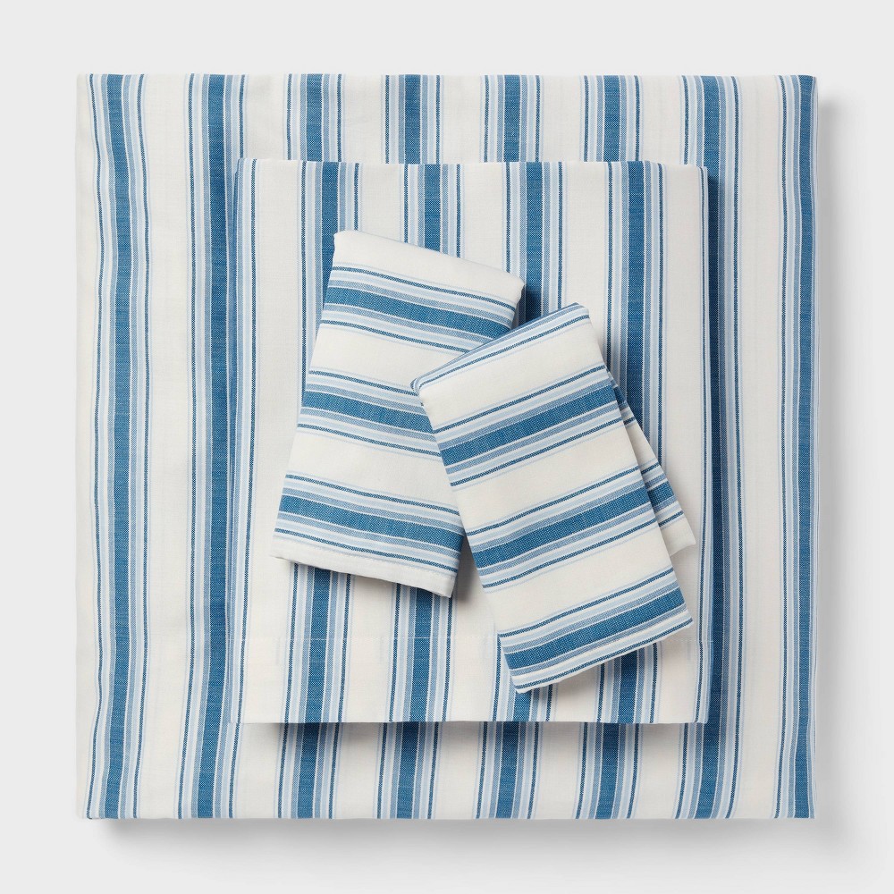 Photos - Bed Linen King Cotton Blend Sateen Sheet Set Ivory/Navy Textured Stripe - Room Essentials™