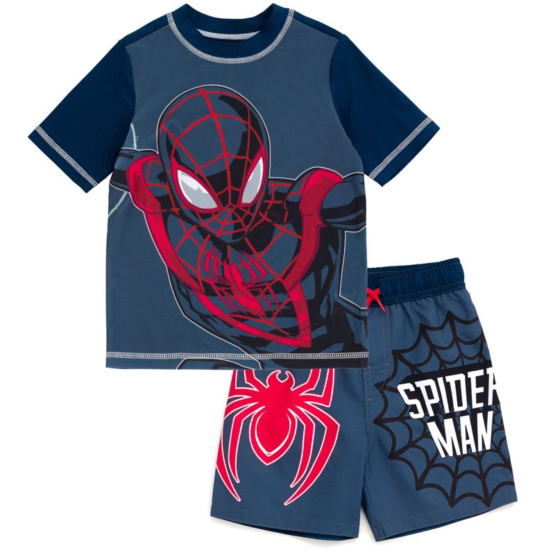 Marvel Avengers Hulk Spider-Man Boys Rash Guard and Swim Trunks Outfit Set Toddler to Big Kid, 1 of 6
