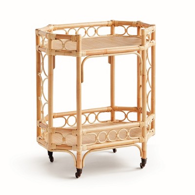 Plum & Post 17"x 32.25" Raelyn Rattan Luxury Premium Rolling 2-Tiered Decorative Bar Cart