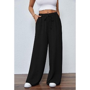 Women's Wide Leg Straight Long Pants Summer Fall Casual Sweatpants Elastic Waist with Drawstring Baggy Loose Fit Pants With Pocket - 1 of 4