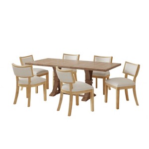GDFStudio Steven 7-Piece Expandable Rustic Wood Dining Table Set with Upholstered Chairs, Natural/Beige - 1 of 4