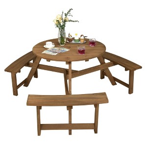 Costway 6-person Round Wooden Picnic Table Outdoor Table w/ Umbrella Hole & Benches - 1 of 4
