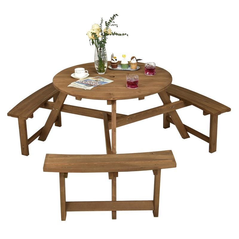 Costway 6-person Round Wooden Picnic Table Outdoor Table w/ Umbrella Hole & Benches, 1 of 11