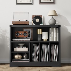 Garvee Record Player Stand Cabinet with 4-Tier Storage, Farmhouse Turntable Stand with 3 Display Open Shelves for Living Room, Bedroom, Black - 1 of 4