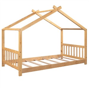 COWLOWN Twin House Platform Bed with Roof Design, Wooden Playful Bed Frame with Headboard & Footboard for Kids - 1 of 4