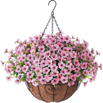 Artificial Faux Hanging Plants Flowers Basket for autumn Outdoor Outside Decoration, Fake Silk UV Sun Resistant Look Real Colorful Daisy Eucalyptus