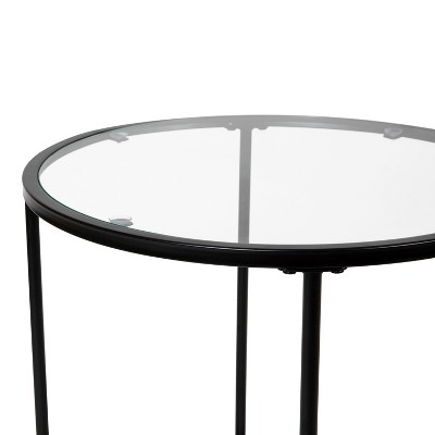 Round Clear Glass End Table with Matte Black Metal Frame