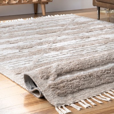 Handmade Geometric Shag Wool-Cotton Area Rug, 5' x 8', Beige