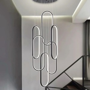 BAOURE 6 Ring Modern LED Chandeliers Dimmable Black Pendant Light Fixture 78in High Ceiling Chandelier for Foyer Living Room - 1 of 4