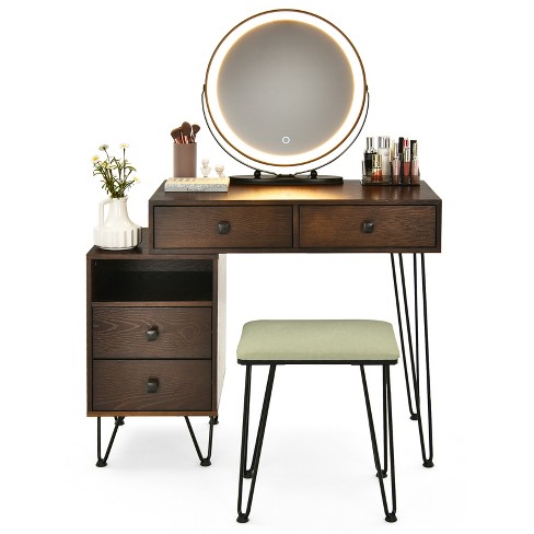 Tangkula Bedroom Makeup Vanity Dressing Table Stool Set With 3 Colors  Lighted Mirror Large Storage Cabinet Drawer Walnut : Target