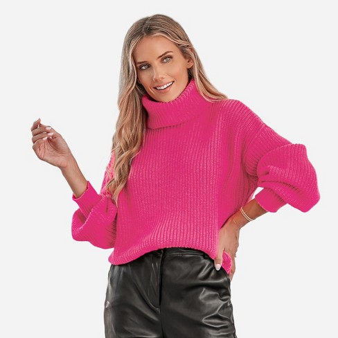 Bright and Cheery Hot Pink Knit Mock Neck Balloon Sleeve Sweater