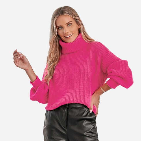 Women's Chunky Knit Turtleneck Long Sleeve Sweater - Cupshe-l-hot Pink :  Target