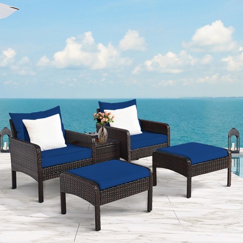 Costway 2pcs Patio Rattan Cushioned Ottoman Seat Foot Rest Table