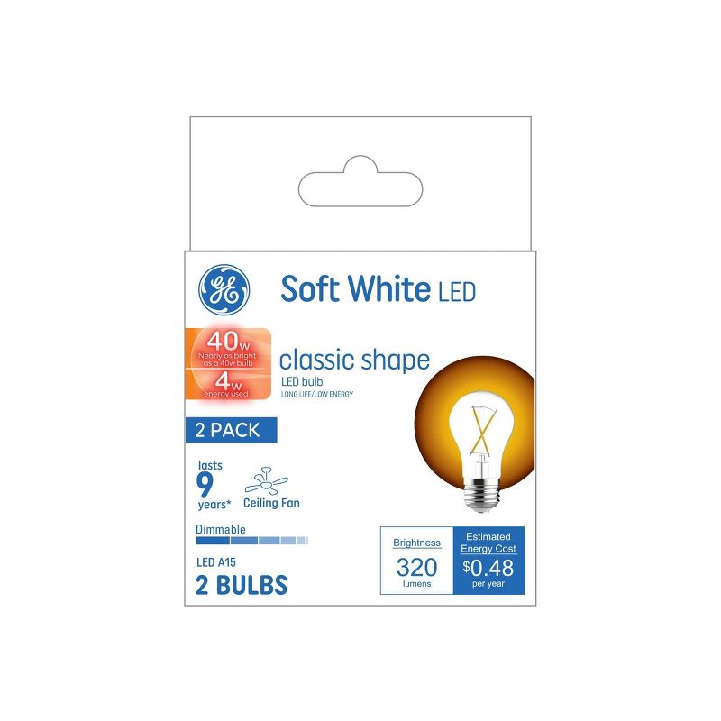 GE 2pk 4 Watts Soft White Medium Base LED Ceiling Fan Light Bulbs, 1 of 7