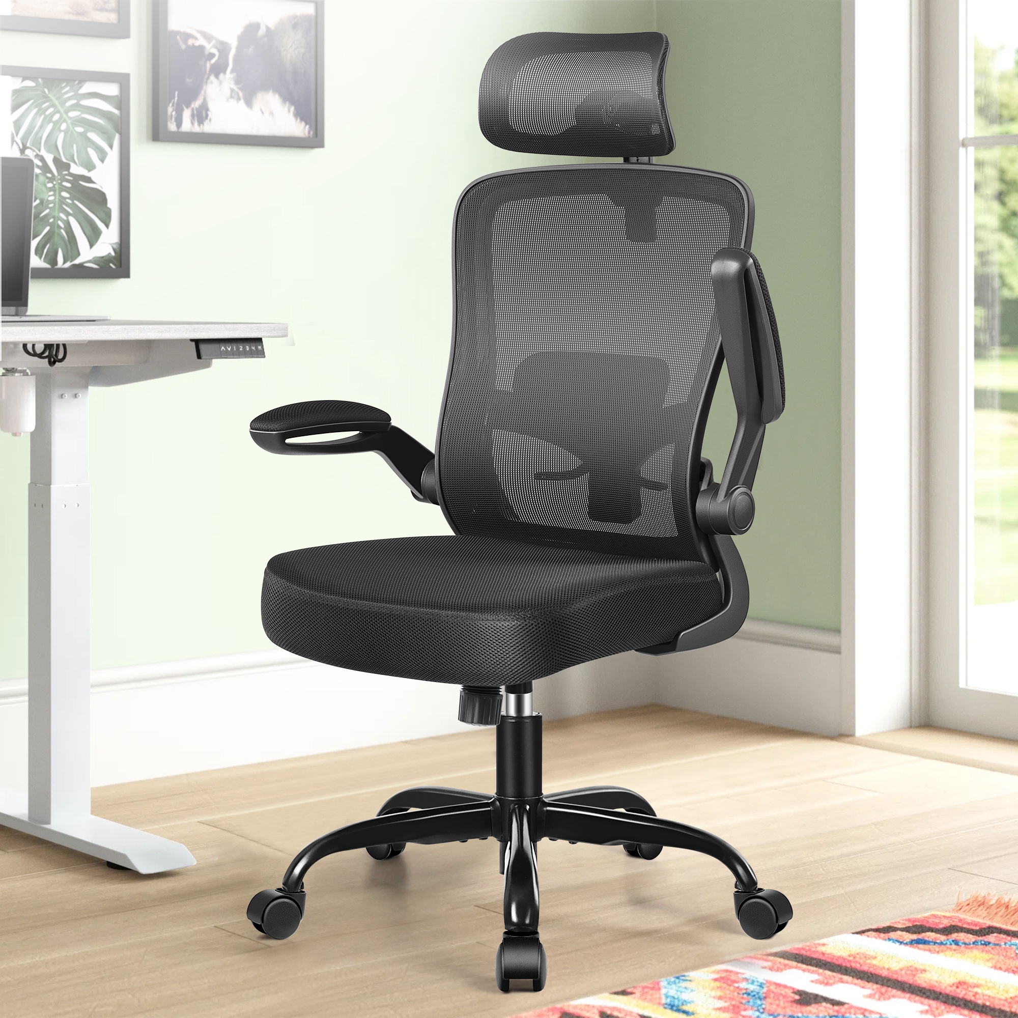 KERDOM Headrest Desk Chair with Adjustable Lumbar Support, Home Office Swivel Task Chair with High Back and Armrest, Black