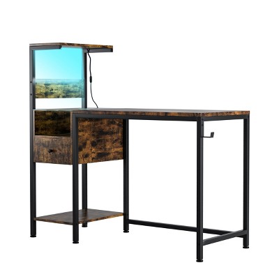 Vynxaria Computer Desk with Reversible 4-Tier Shelves, 48”L×20”W×43.5”H, 2 Outlets+2USB, 1 Drawer+2 Headphone Hooks