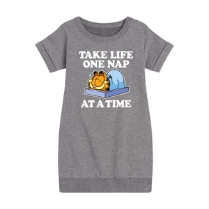 Girls' - Garfield - Take Life One Nap Graphic Short Sleeve Fleece Dress - 1 of 4