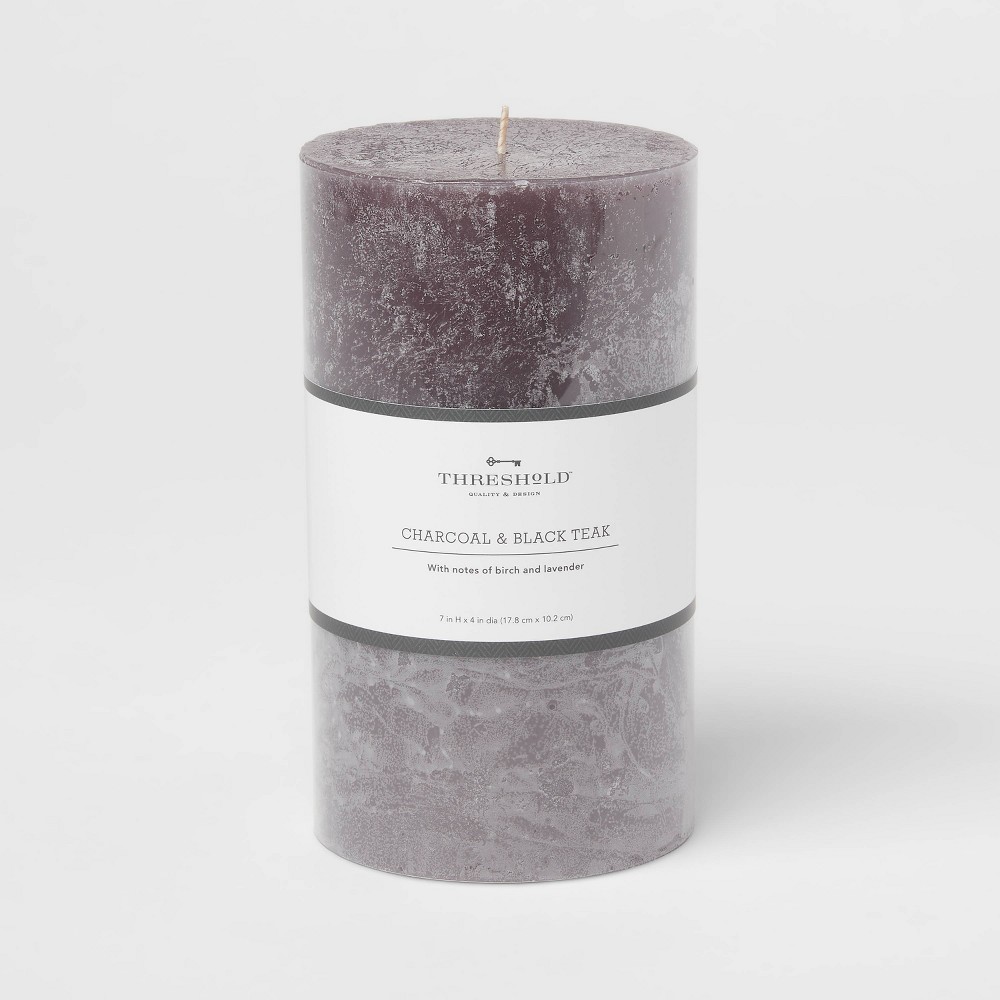 7" x 4" Pillar Candle Charcoal and Black Teak - Threshold™: Aromatic, Long Burn Time