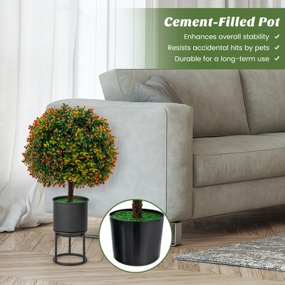 22'' Artificial Boxwood Topiary Ball Tree with Orange Fruits in Cement Pot