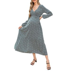 Coolmee Women's Summer Floral Maxi Dress Casual Wrap V Neck Long Sleeve Tie Waist Ruffle Boho Flowy Long Dresses - 1 of 4