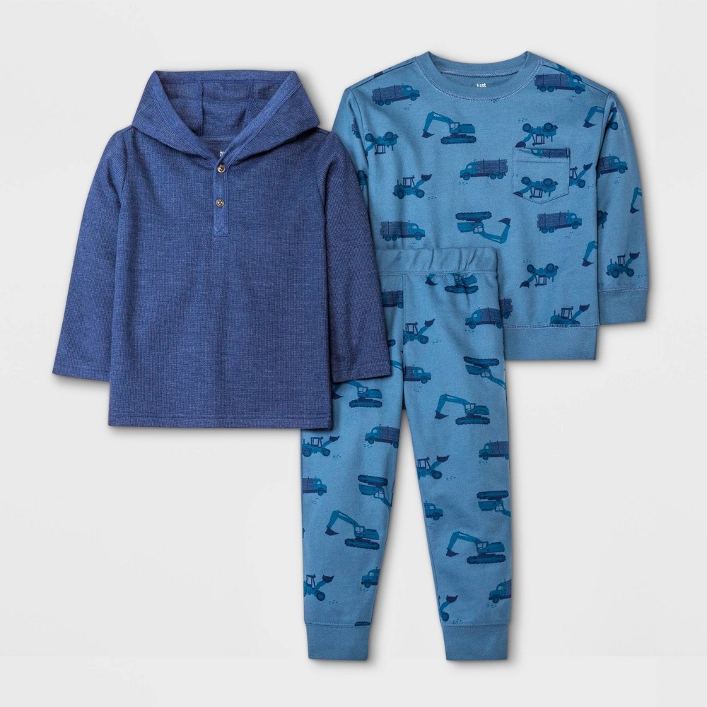 size 5t Toddler Boys' 3pc Trucks Pullover Top & Jogger Pants Set - Just One You made by carter's Blue 