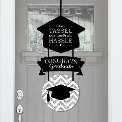 Big Dot of Happiness Tassel Worth The Hassle - Silver - Hanging Porch Graduation Party Outdoor Decorations - Front Door Decor - 3 Piece Sign