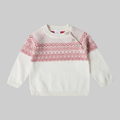 Image of Stellou & Friends 100% Cotton Jacquard Design Infant Baby Long Sleeve Crew Neck Sweater w/ Shoulder Buttons - 0-3 Months / White with Red
