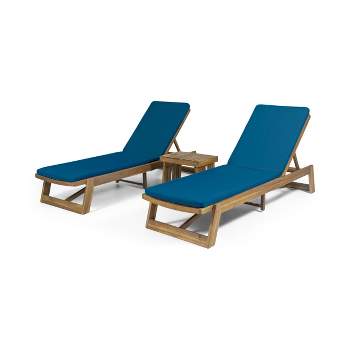 Kyoto 3pc Outdoor Acacia Wood Chaise Lounge Set with Cushions - Teak/Blue - Christopher Knight Home