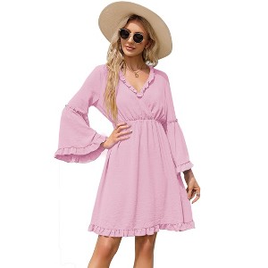 Coolmee Women's Spring Summer Dress V Neck Ruffle Sleeve A line Mini Dress Flowy Swing High Waist Dresses - 1 of 4